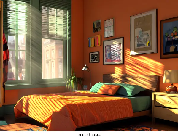 Sunlight streaming through window in bedroom with orange walls
