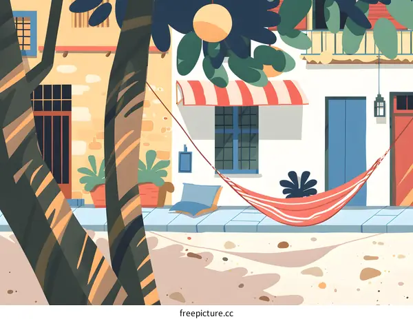 Colorful Hammock Underneath a Tree In Front of a Building