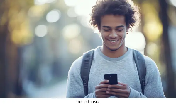 Young Black Man Texting Outdoors