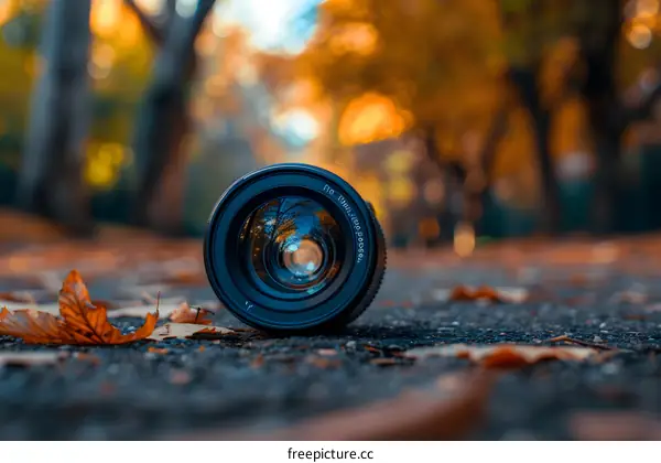 Camera Lens Lying On The Ground In Autumn