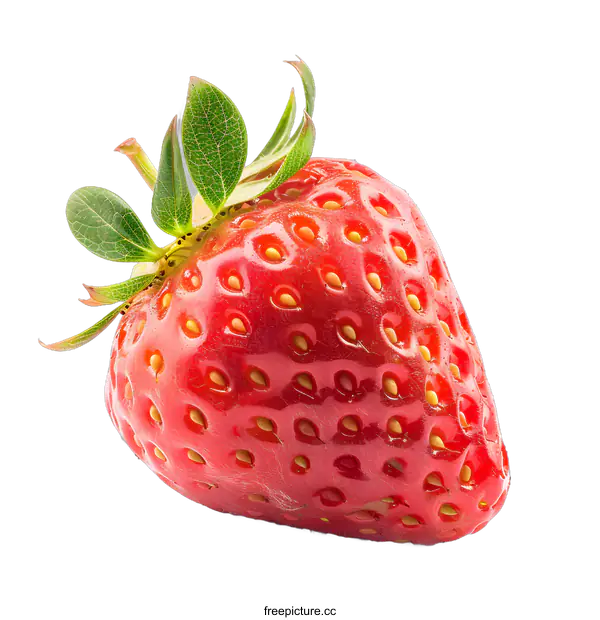 [Transparent Background PNG]Single Red Strawberry with Green Leaves Isolated on White Background