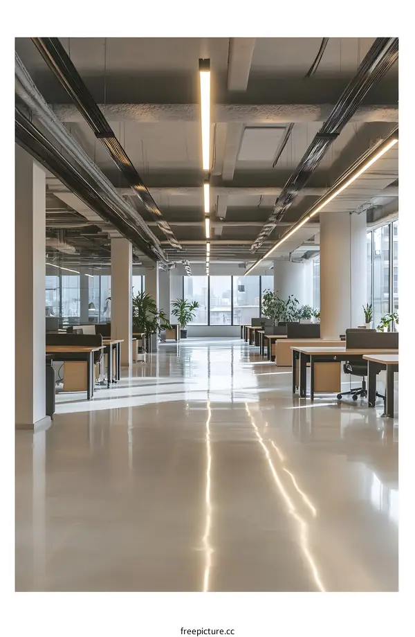 Modern Office Interior Design With Long Hallway And Glass Windows