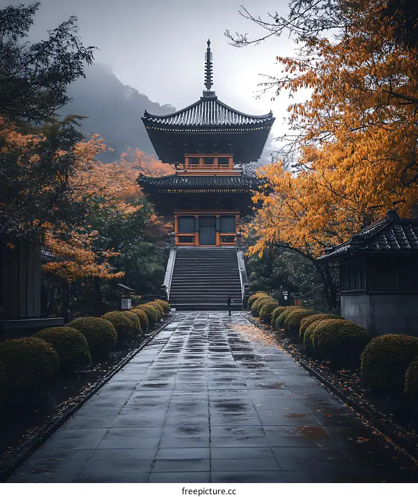 Japanese Pagoda with Stone Pathway in Autumn