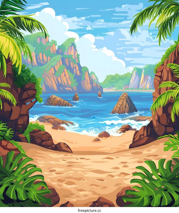 Tropical Beach Scene with Palm Trees, Rocks and Mountains