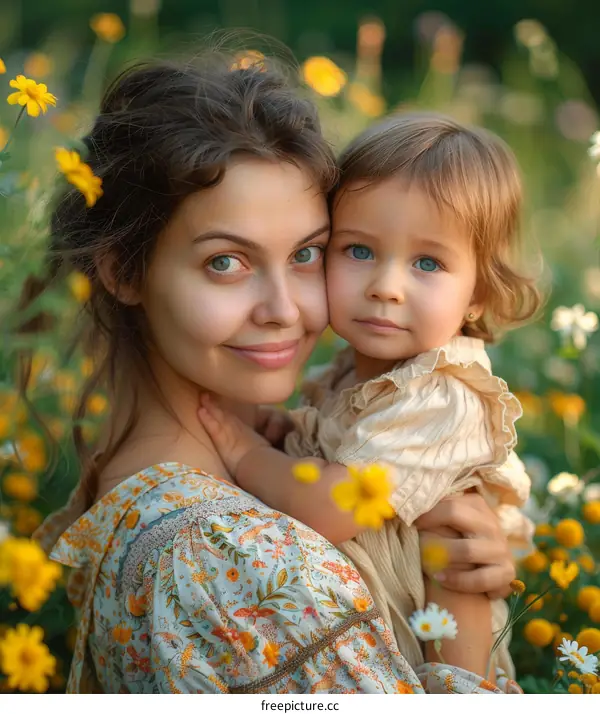 Mother and Daughter Embrace in a Blooming Field