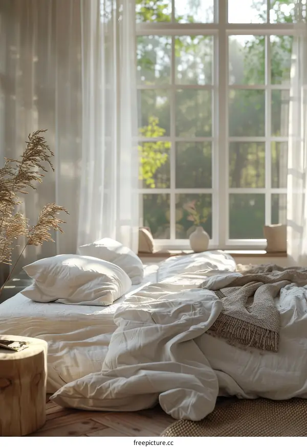 Cozy Bedroom with Sunlight Streaming Through Large Window