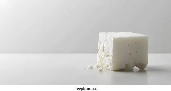A block of white cheese sits on a white table.