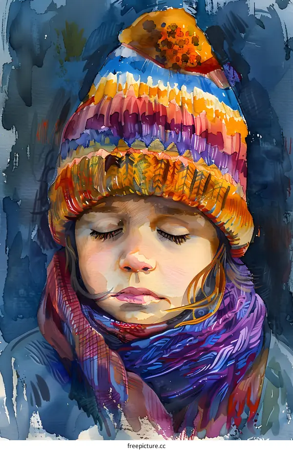 Watercolor Portrait of a Young Girl in a Colorful Hat