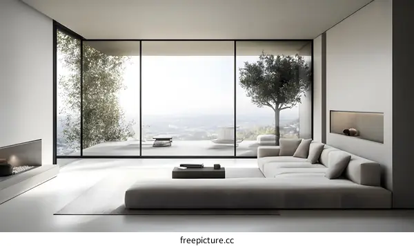 Minimalist Living Room Interior Design With Modern Furniture And Large Windows