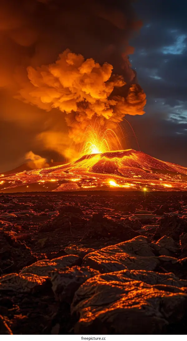 Volcanic eruption spewing lava and ash into the night sky