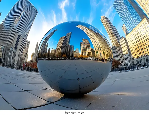 Chicago Cloud Gate Sculpture Reflects City Skyline