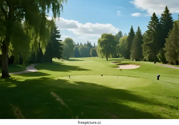 Beautiful golf course with lush green fairways and tall trees around