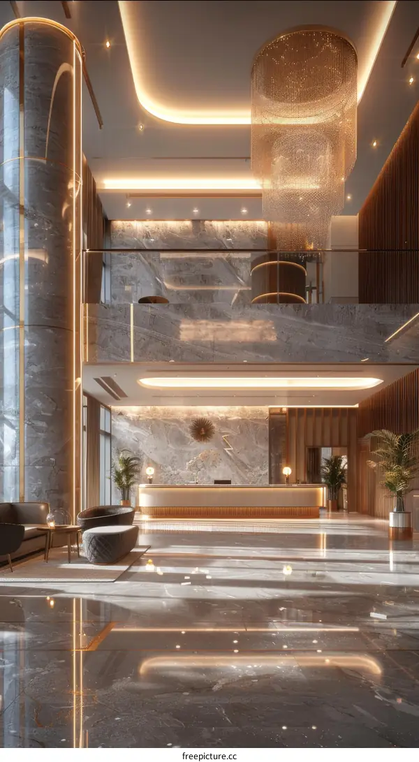 Modern Hotel Lobby Design with Marble Floor and Crystal Chandelier