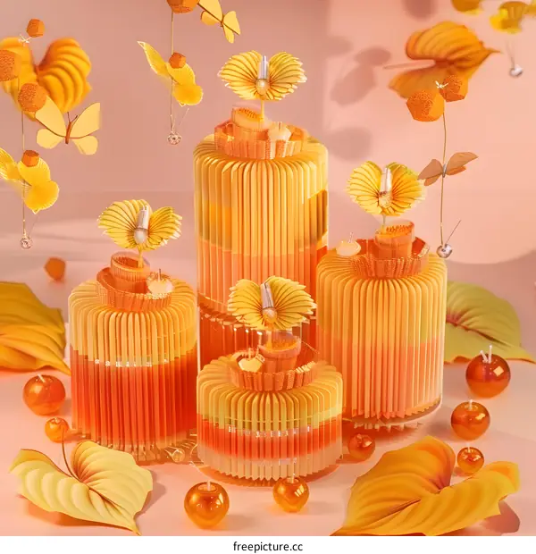 Abstract Orange and Yellow 3D Art with Flowers and Butterflies
