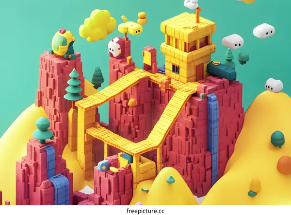 Abstract Colorful Block World Landscape Illustration