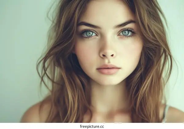 Portrait of a young beautiful woman with long brown hair and light blue eyes