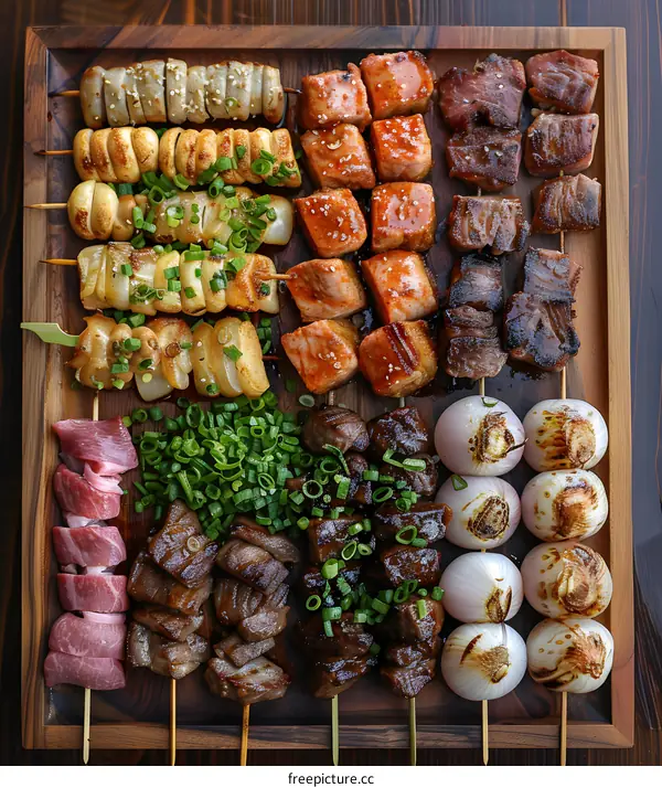 A variety of grilled meats and vegetables on skewers