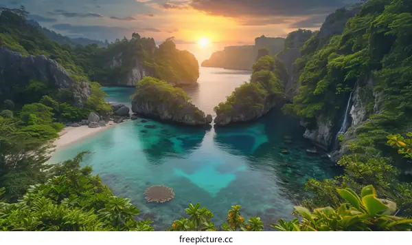 Amazing landscape of a tropical island with a beautiful sunset over the ocean, rocks and green vegetation