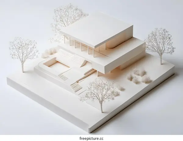 White Architectural Model of a Building with Trees and Landscaping