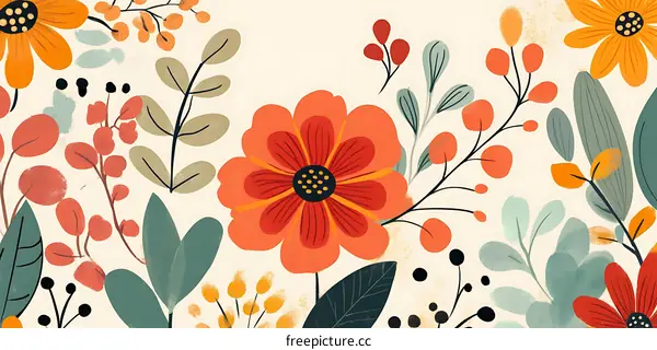 Floral Pattern with Orange Yellow and Red Flowers