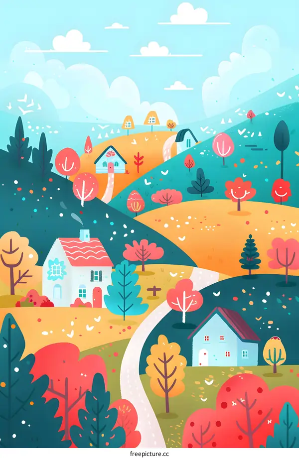 Colorful Autumn Landscape with Winding Road and Houses