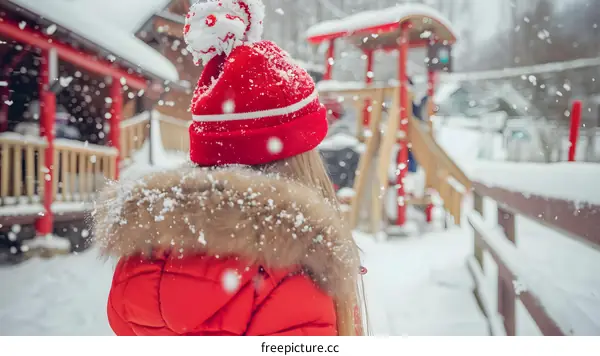 Young Girl in Red Winter Coat Walking in Snow