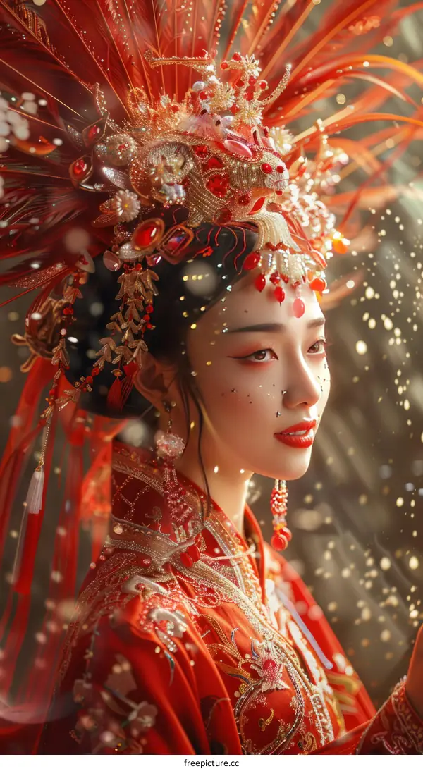 A young woman wearing a red and gold traditional Chinese wedding dress