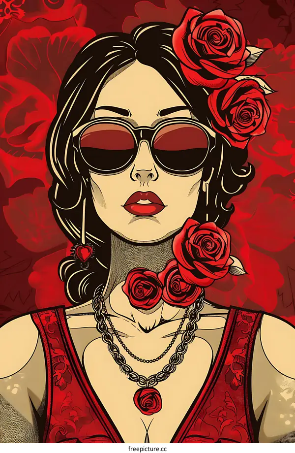 Woman in Red Dress with Roses