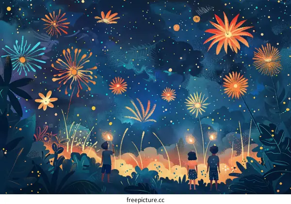 Fireworks light up the night sky over a tropical island