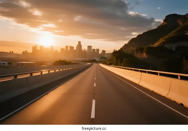 Sunset view of an empty highway leading to a city skyline