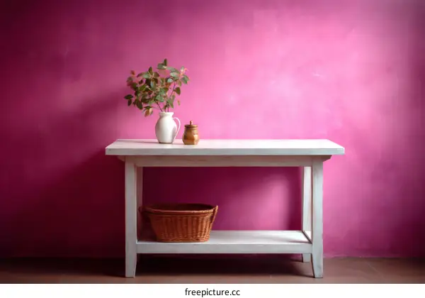 Pink Wall with White Wooden Sideboard