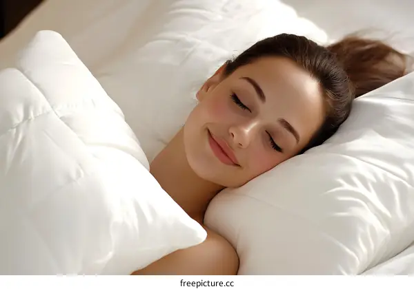 Woman Sleeping in Bed with White Pillows and Comforter