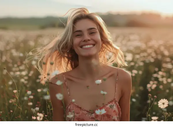 Smiling Woman in a Field of Flowers