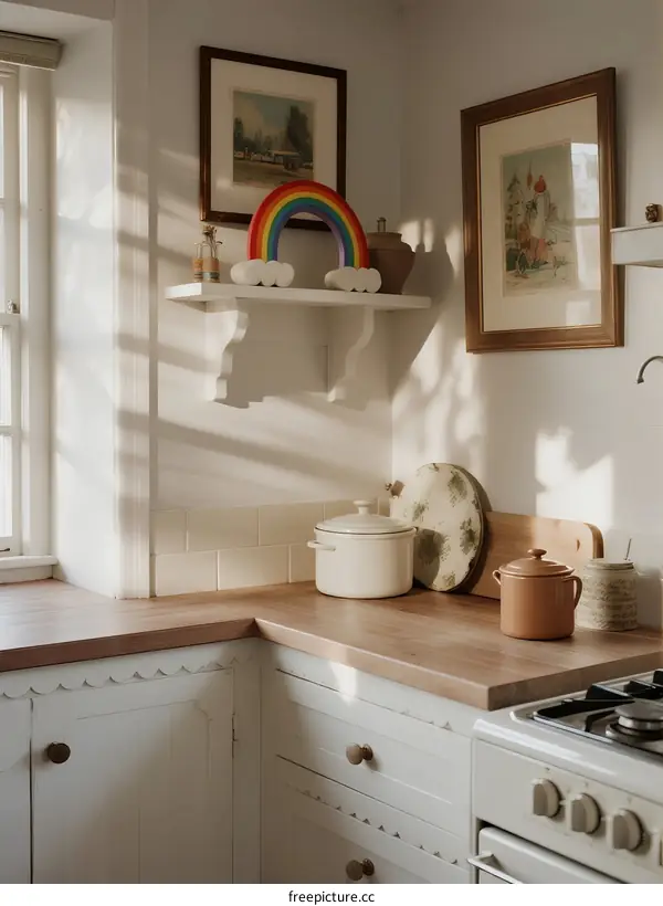 Sunlit Corner of a Cozy Vintage Kitchen with Rainbow Decor