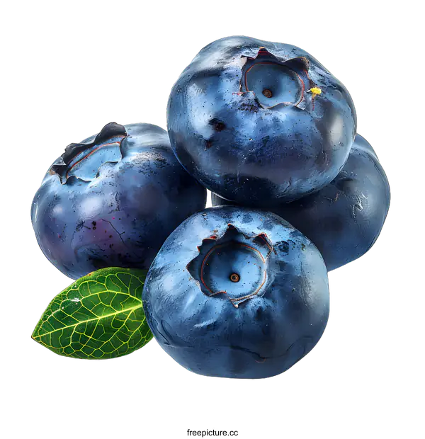 [Transparent Background PNG]Fresh blueberries with leaf