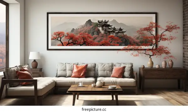 Chinese landscape painting of a mountain village in autumn