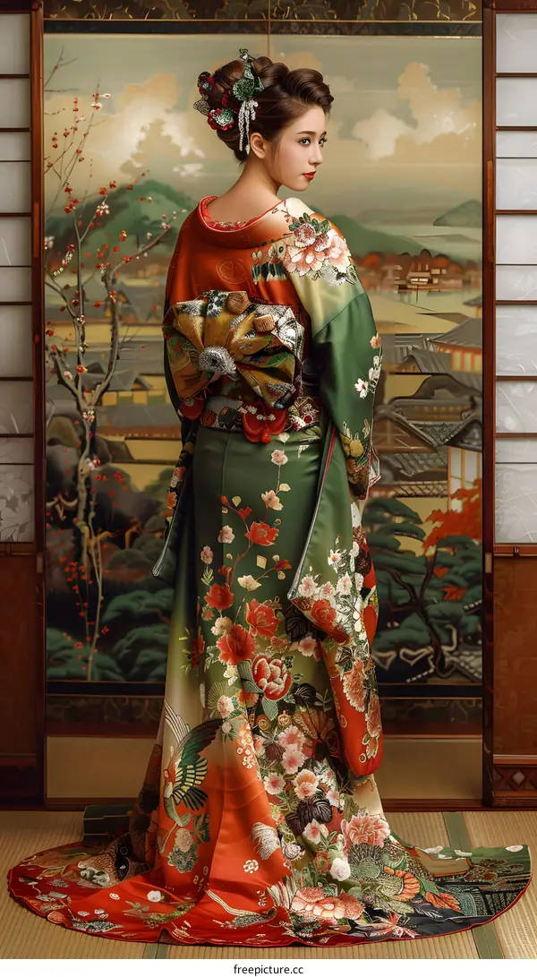 A woman wearing a kimono is standing in a traditional Japanese room.
