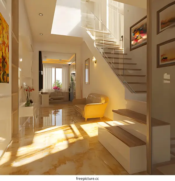 Modern Home Interior Design with Glass Staircase and Yellow Sofa