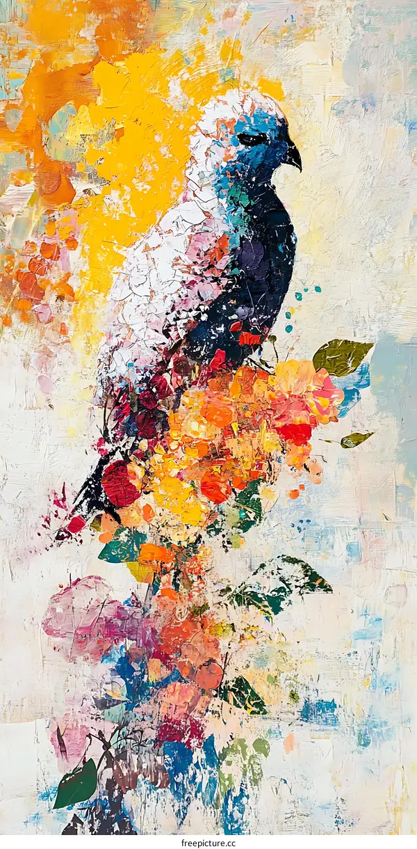 Abstract Painting with Bird and Flowers
