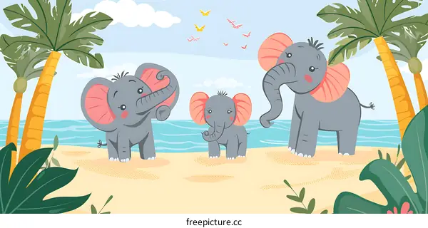 Cute Elephants on the Beach with Palm Trees