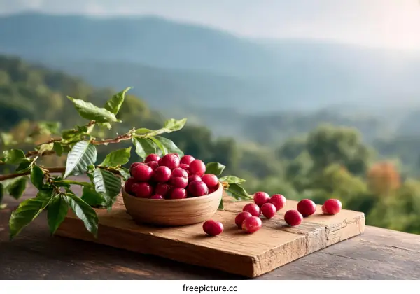 Fresh Coffee Cherries on Wooden Cutting Board with Mountain View