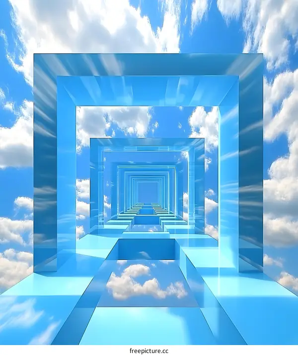 Abstract Glass Cube Tunnel Sky