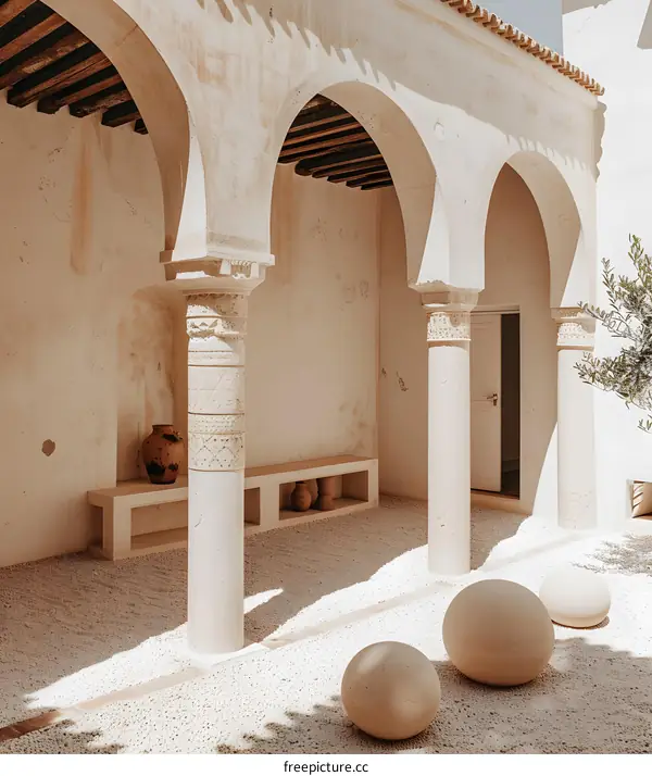 Courtyard With White Stone Arches and Stone Spheres