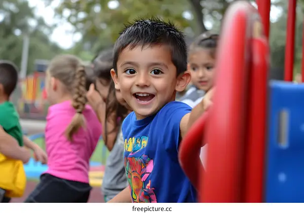 Happy Hispanic Boy Playing On Playground