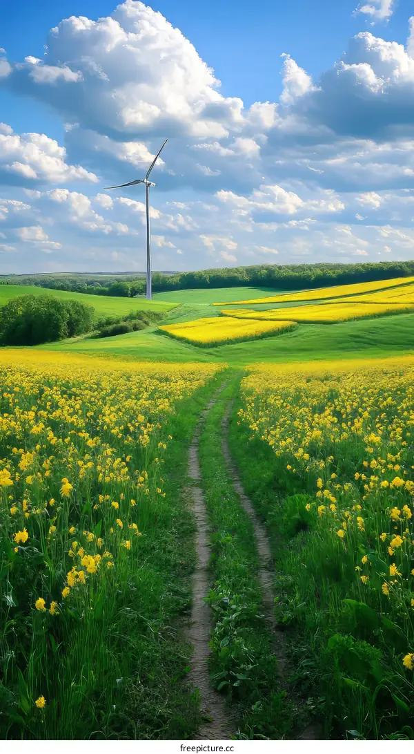 Springtime Countryside Landscape with Wind Turbine