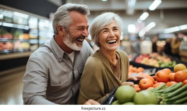 Happy senior couple shopping for groceries together