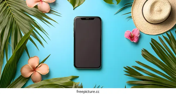 Summer Holiday Flat Lay With Phone And Flowers