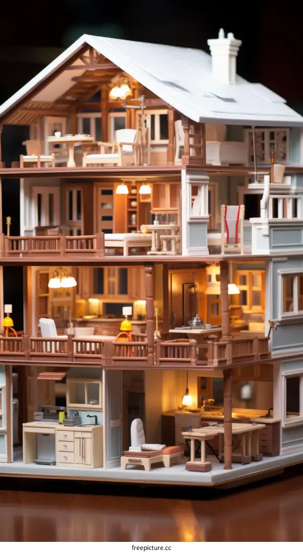 A wooden dollhouse with 3 floors and a lot of furniture