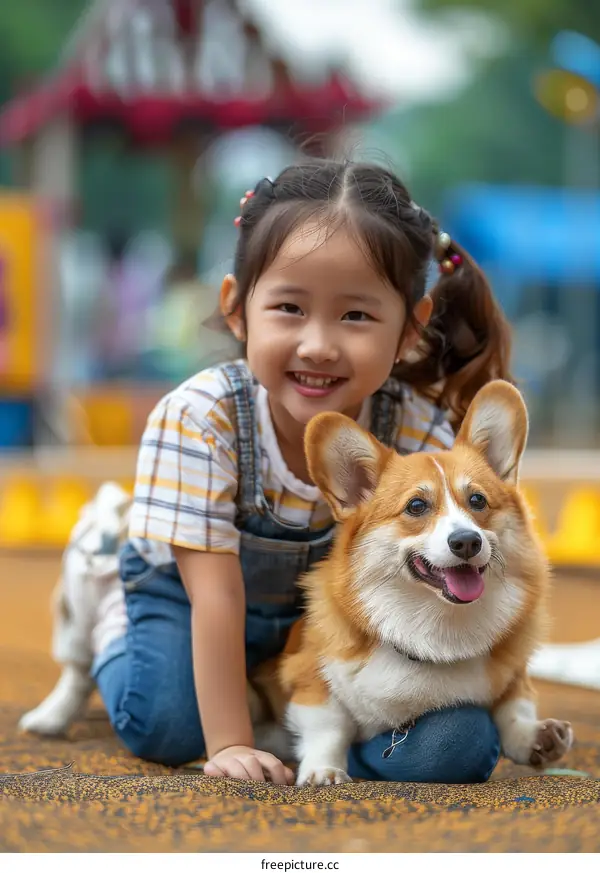Asian little girl playing with a corgi dog in the playground