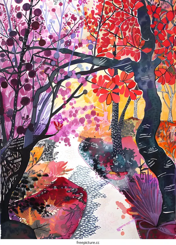 Abstract Watercolor Painting of Forest With Colorful Trees